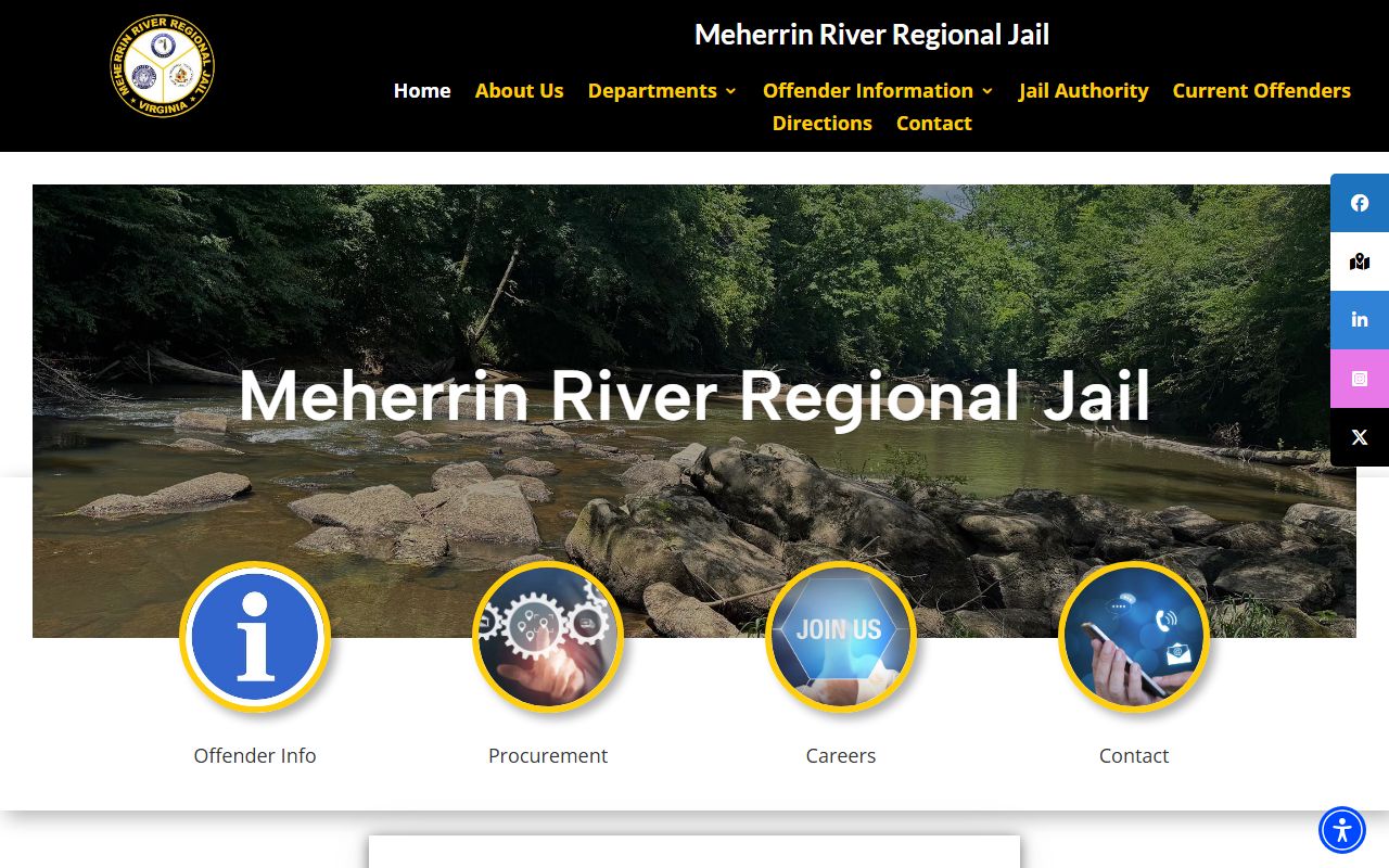 Meherrin River Regional Jail home page with current offender navigation