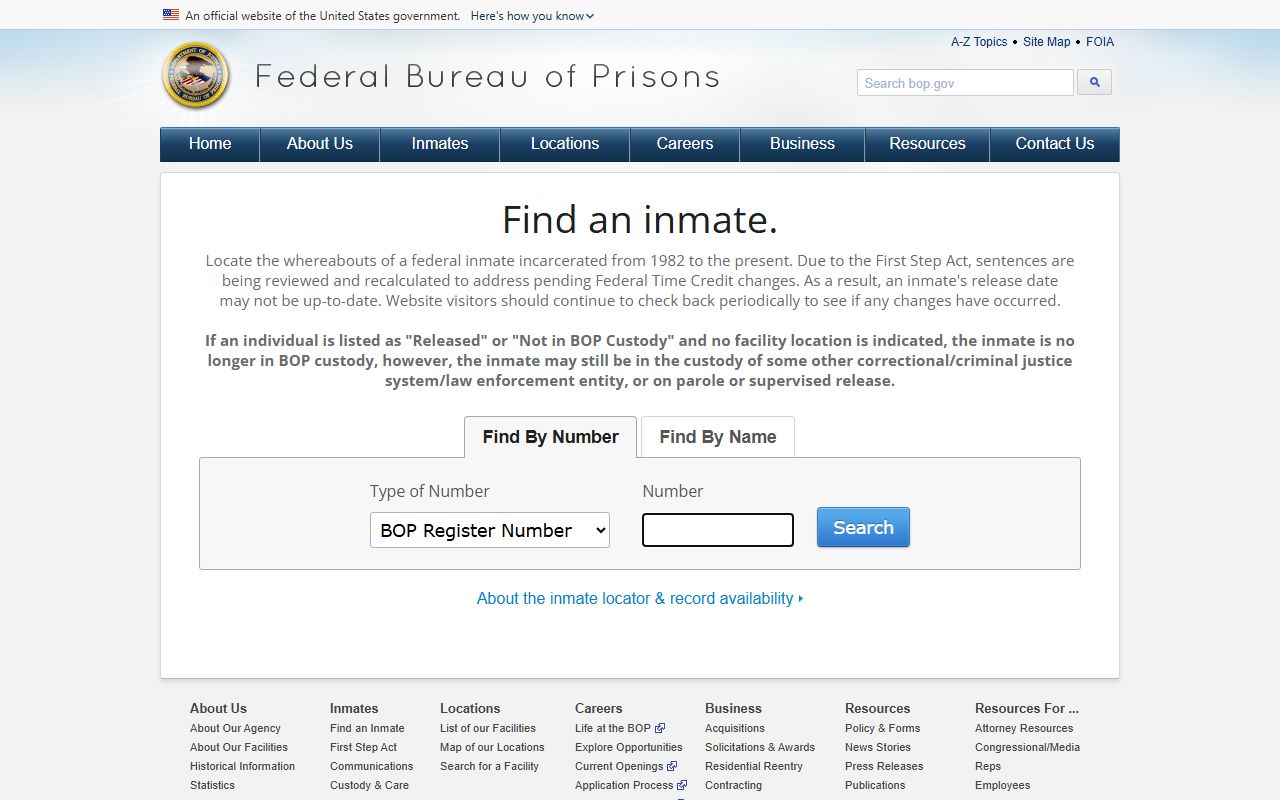 Federal Bureau of Prisons inmate locator entry page